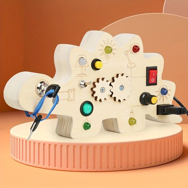 Kids Wooden Dinosaur Activity Circuit Board Busy Light Gear Key Switch Montessori Early Education Learning Sensory Toys children