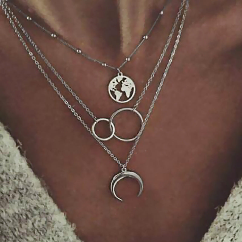 Fashion Geometric Size Circle Water Drop Horn Horn Moon Hollow Out World Map Long Three-layer Necklace Clavicle Chain