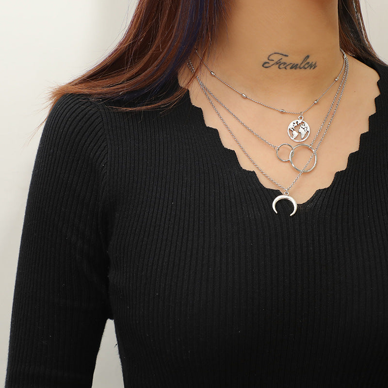 Fashion Geometric Size Circle Water Drop Horn Horn Moon Hollow Out World Map Long Three-layer Necklace Clavicle Chain