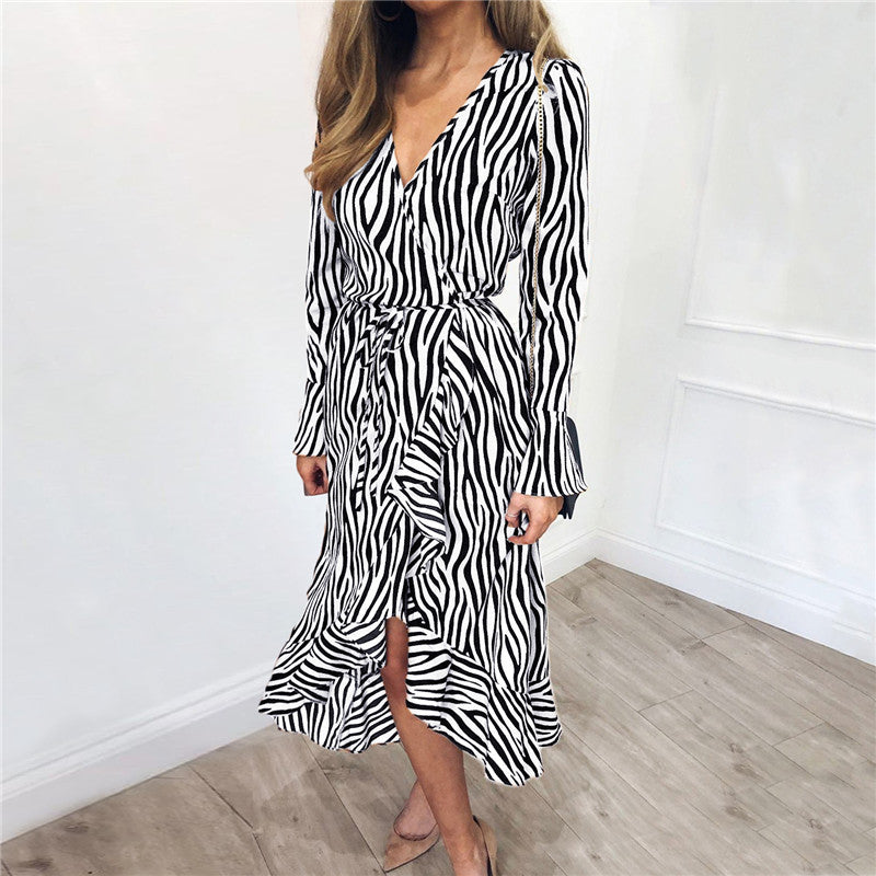 Europe and the United States spring and summer sexy V-neck chiffon print long-sleeved high waist ladies dress