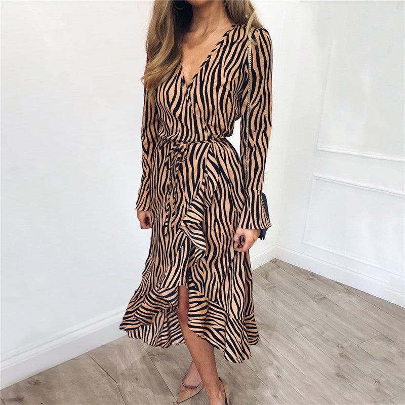 Europe and the United States spring and summer sexy V-neck chiffon print long-sleeved high waist ladies dress