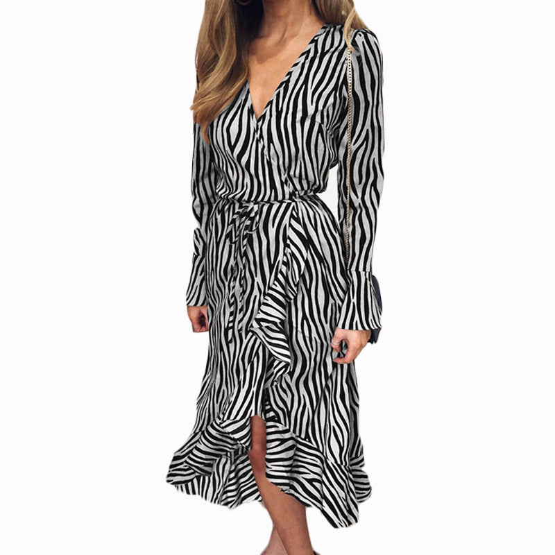Europe and the United States spring and summer sexy V-neck chiffon print long-sleeved high waist ladies dress