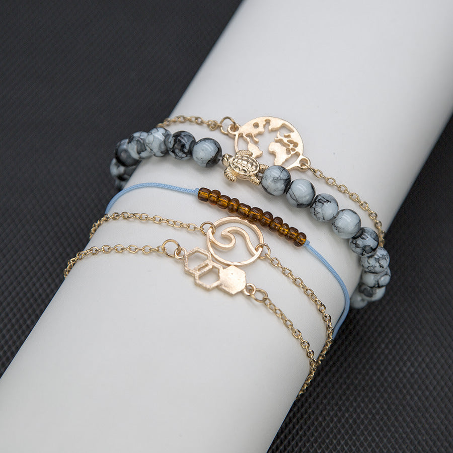 A1272 European and American New Ornament Turquoise Turquoise Brown Transparent Pearl Map Hexagon Bracelet Five-piece