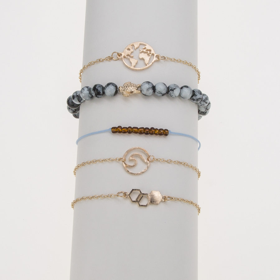 A1272 European and American New Ornament Turquoise Turquoise Brown Transparent Pearl Map Hexagon Bracelet Five-piece