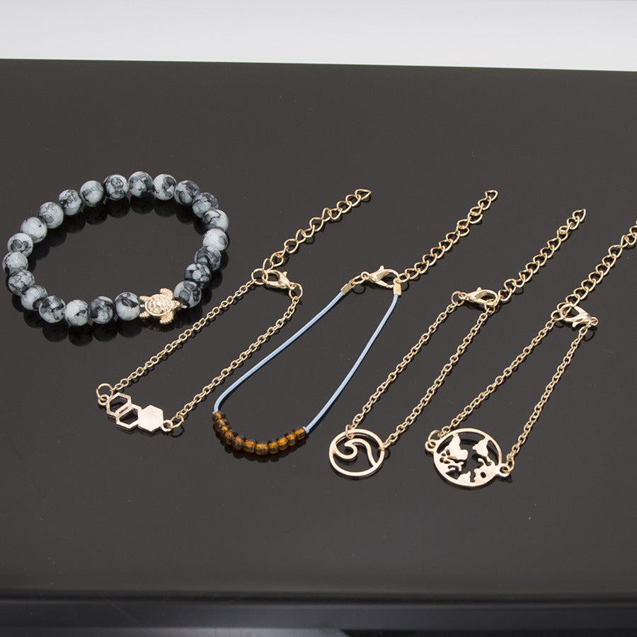 A1272 European and American New Ornament Turquoise Turquoise Brown Transparent Pearl Map Hexagon Bracelet Five-piece