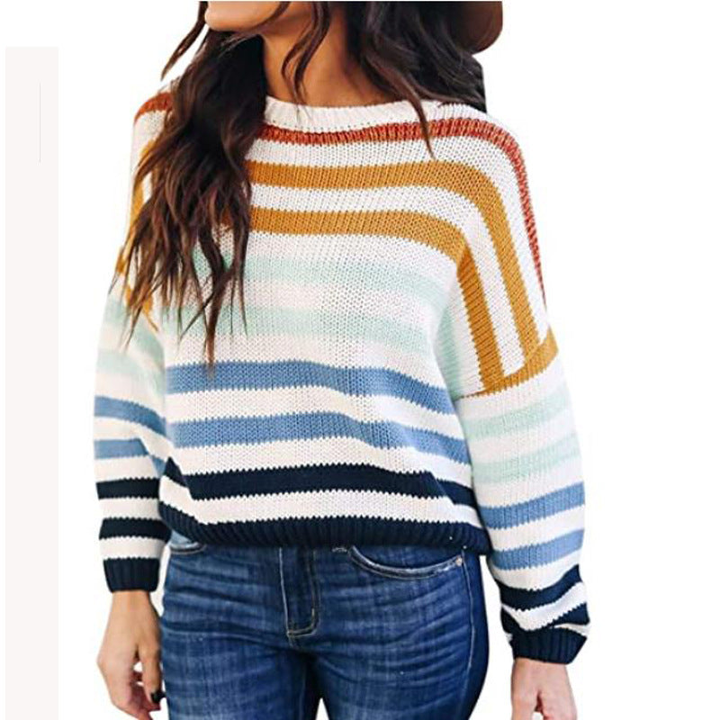 New European and American women's round neck loose striped long sleeve sweater pullover sweater