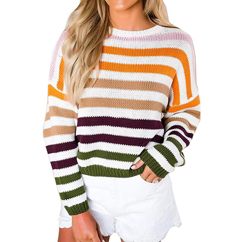 New European and American women's round neck loose striped long sleeve sweater pullover sweater