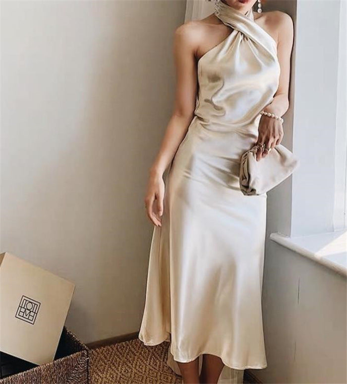 2020 new women's clothing foreign temperament halter neck skirt sexy slim gloss dress factory direct sales