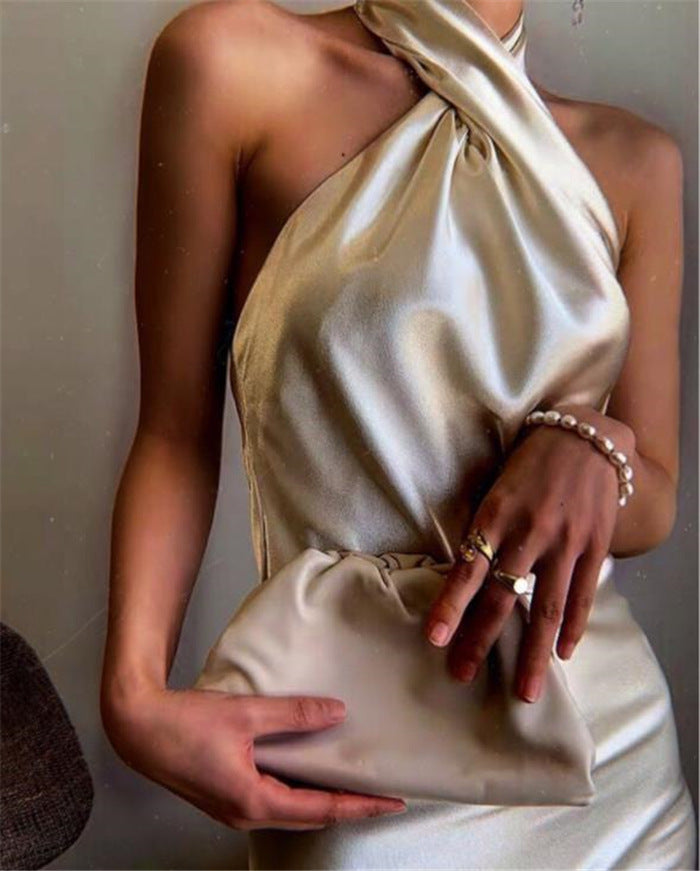2020 new women's clothing foreign temperament halter neck skirt sexy slim gloss dress factory direct sales