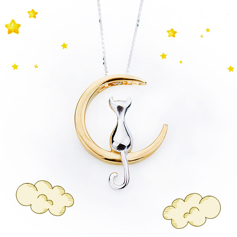 Fashion Cute Animal Cat Moon Pendant Necklace Charm Silver Gold Color Box Chain Necklace Kitten Pet Lucky Jewelry For Women Gift