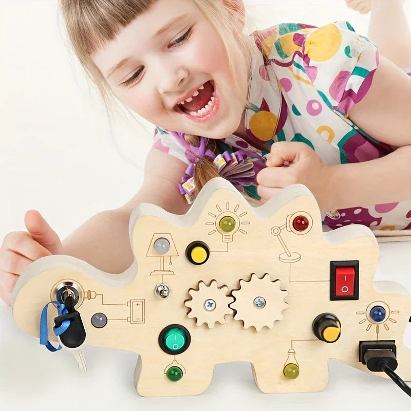 Kids Wooden Dinosaur Activity Circuit Board Busy Light Gear Key Switch Montessori Early Education Learning Sensory Toys children