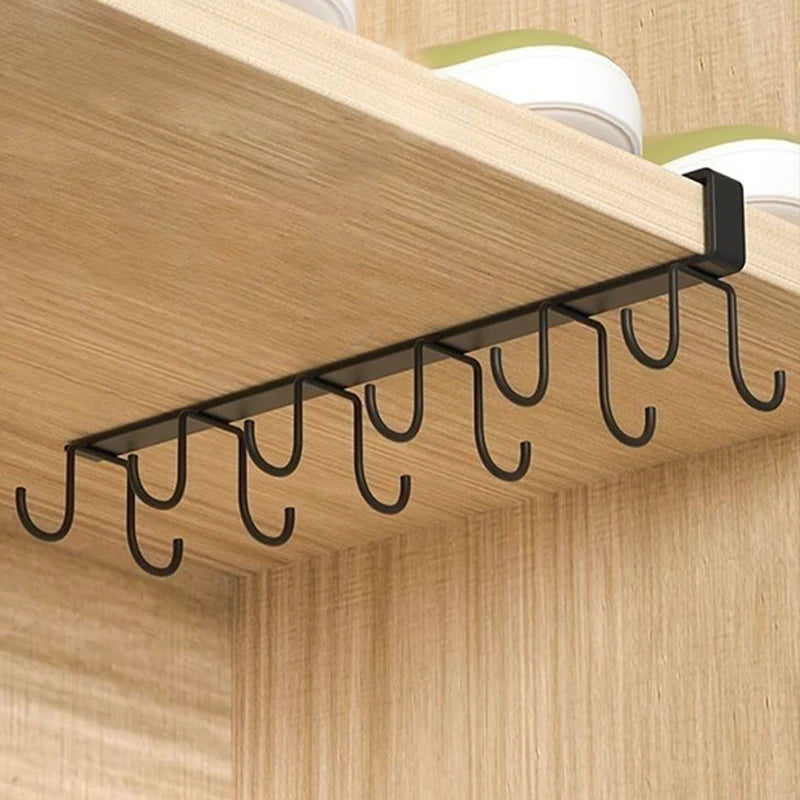 Multifunctional Double Row Storage Hook Wardrobe Cabinet Metal Shelves Punch-Free Hanging Cup Holder Kitchen Organization Tool