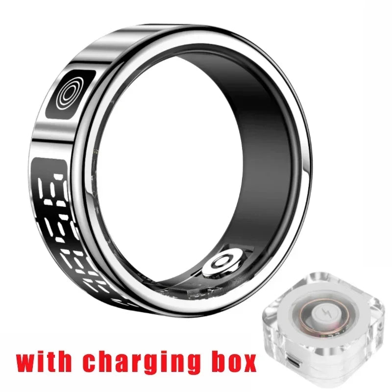 Smart Ring with Charging Box for Men Women-Step Health Tracker Heart Rate Blood Oxygen Monitor 5ATM Sleep Monitoring LCD Display