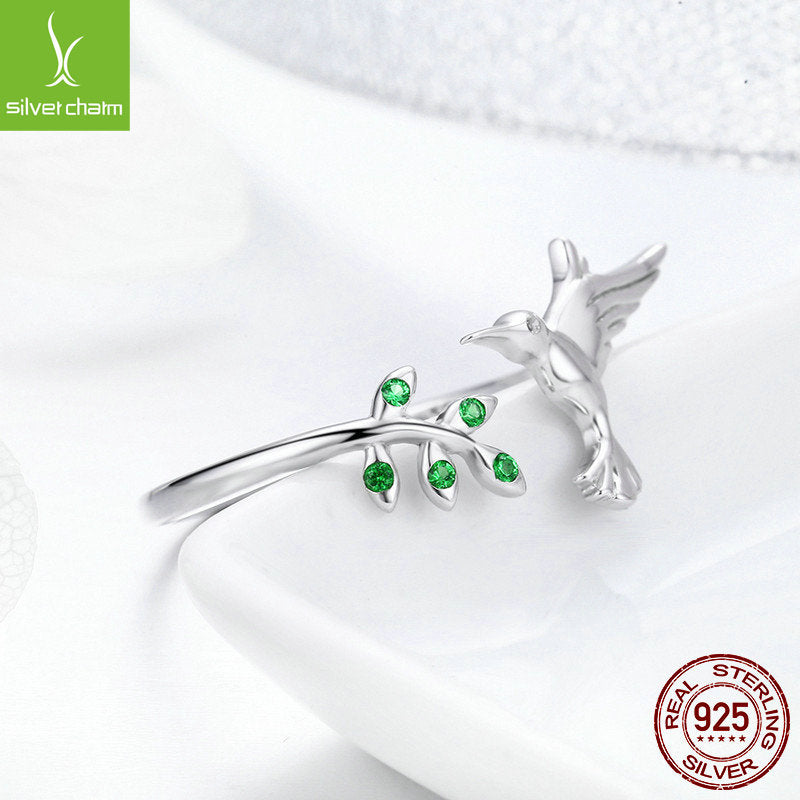WOSTU Authentic 925 Sterling Silver Hummingbird & Leaves Ring For Women Nature Style S925 Silver Jewelry Gift