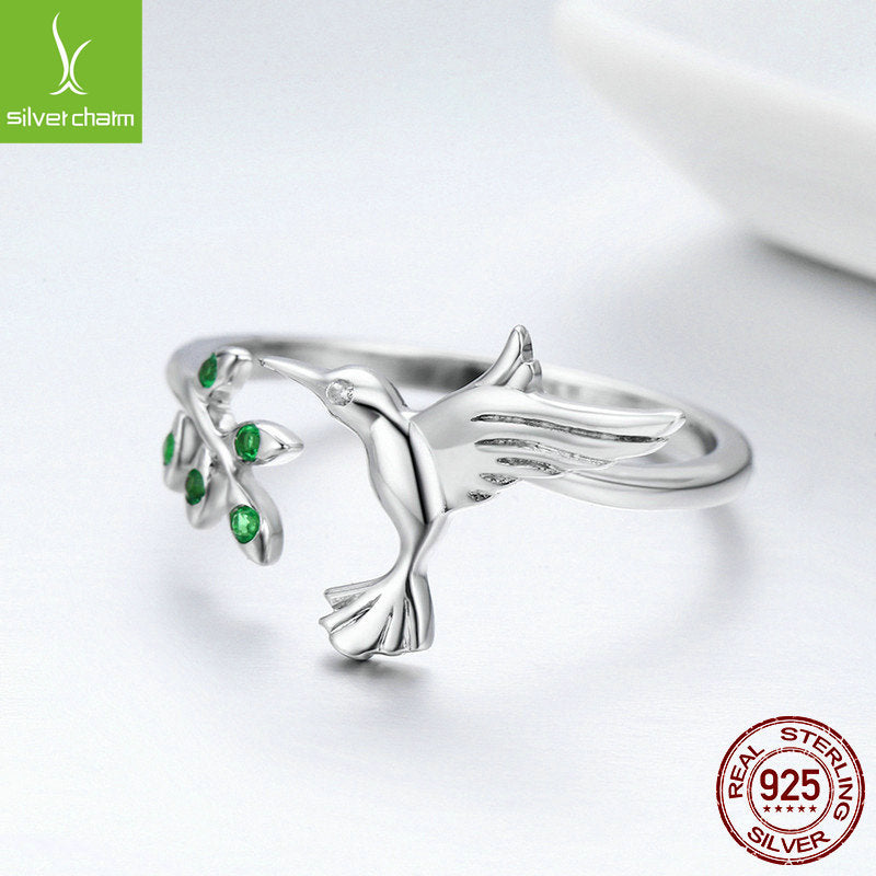WOSTU Authentic 925 Sterling Silver Hummingbird & Leaves Ring For Women Nature Style S925 Silver Jewelry Gift