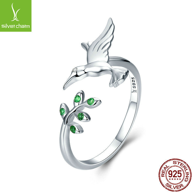 WOSTU Authentic 925 Sterling Silver Hummingbird & Leaves Ring For Women Nature Style S925 Silver Jewelry Gift