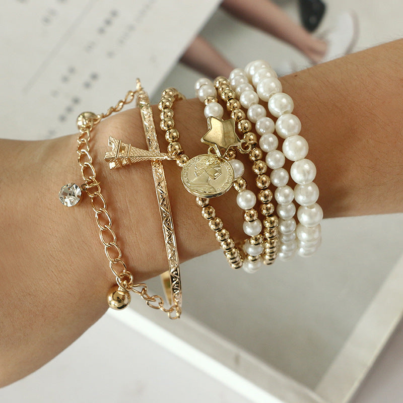 Korean version of the multi-element Eiffel Tower pearl vintage bracelet, six-piece coin set jewelry, multi-layer elastic bracelet