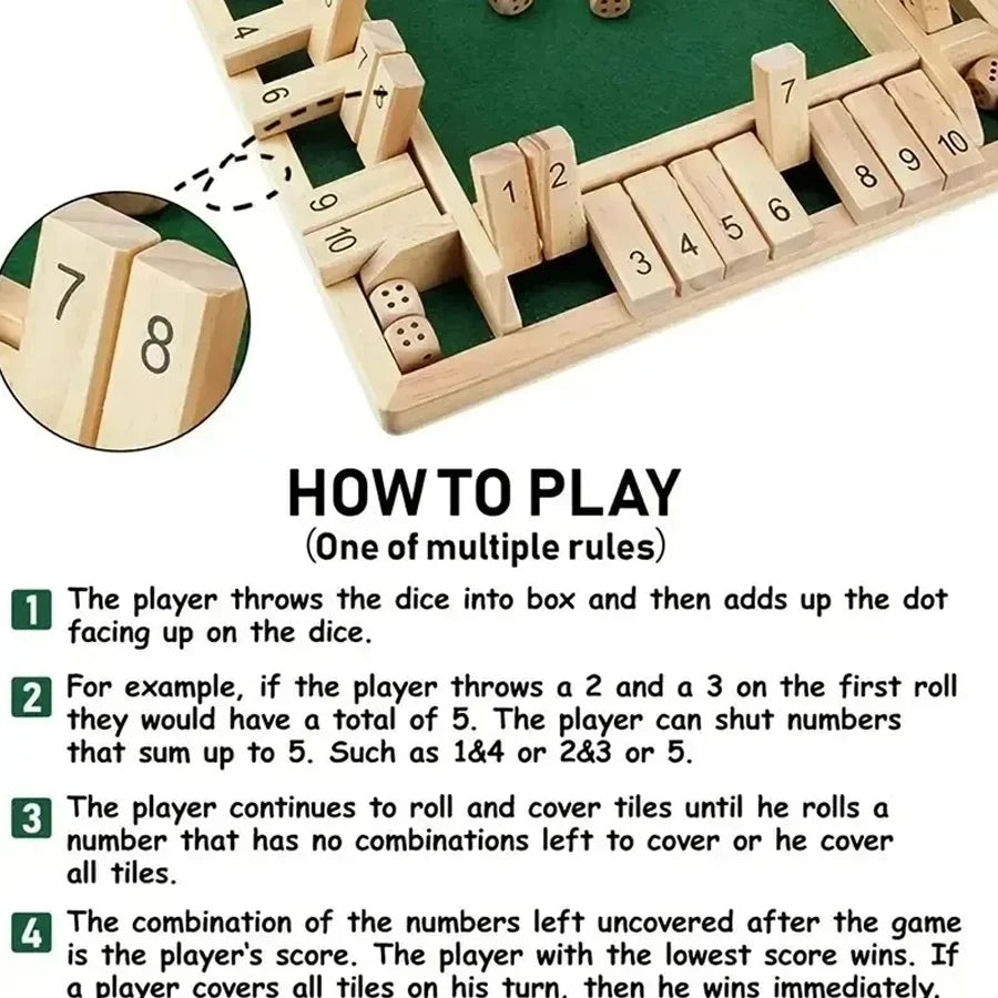 Deluxe Four Sided 10 Numbers Shut The Box Board Game Set Dice Party Club Drinking Games for Adults Families