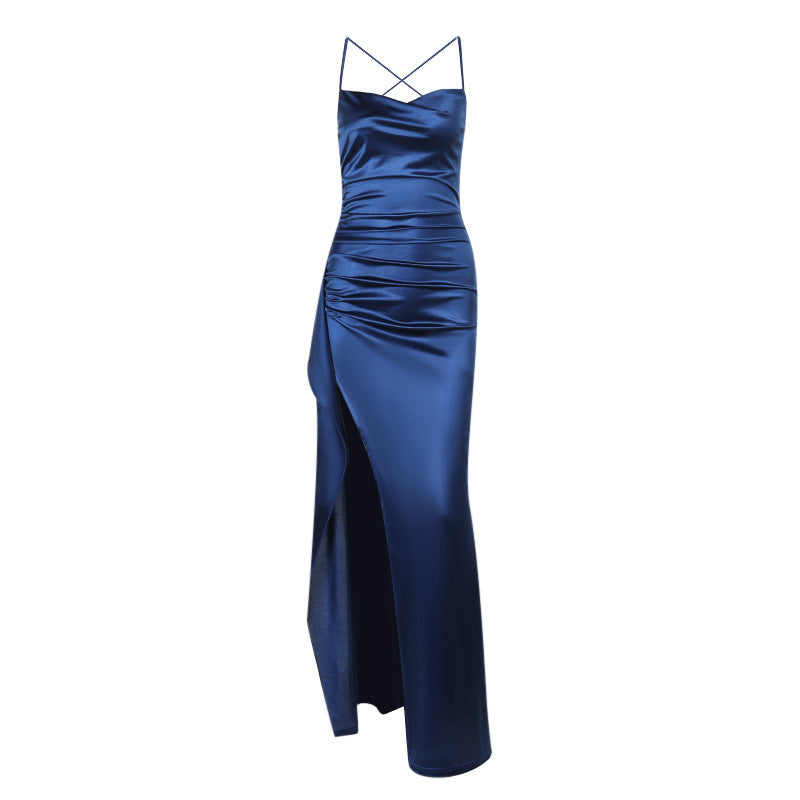 YL24531 Autumn 2024 New Style Celebrity Style Sexy Slim Fit Gathered Slit Satin Dress Long Skirt
