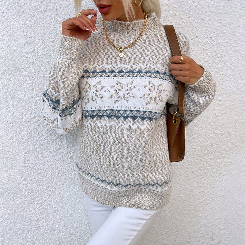 Cross-border knitted bottoming shirt for women long sleeve autumn and winter wear top pullover half turtleneck snowflake sweater for women