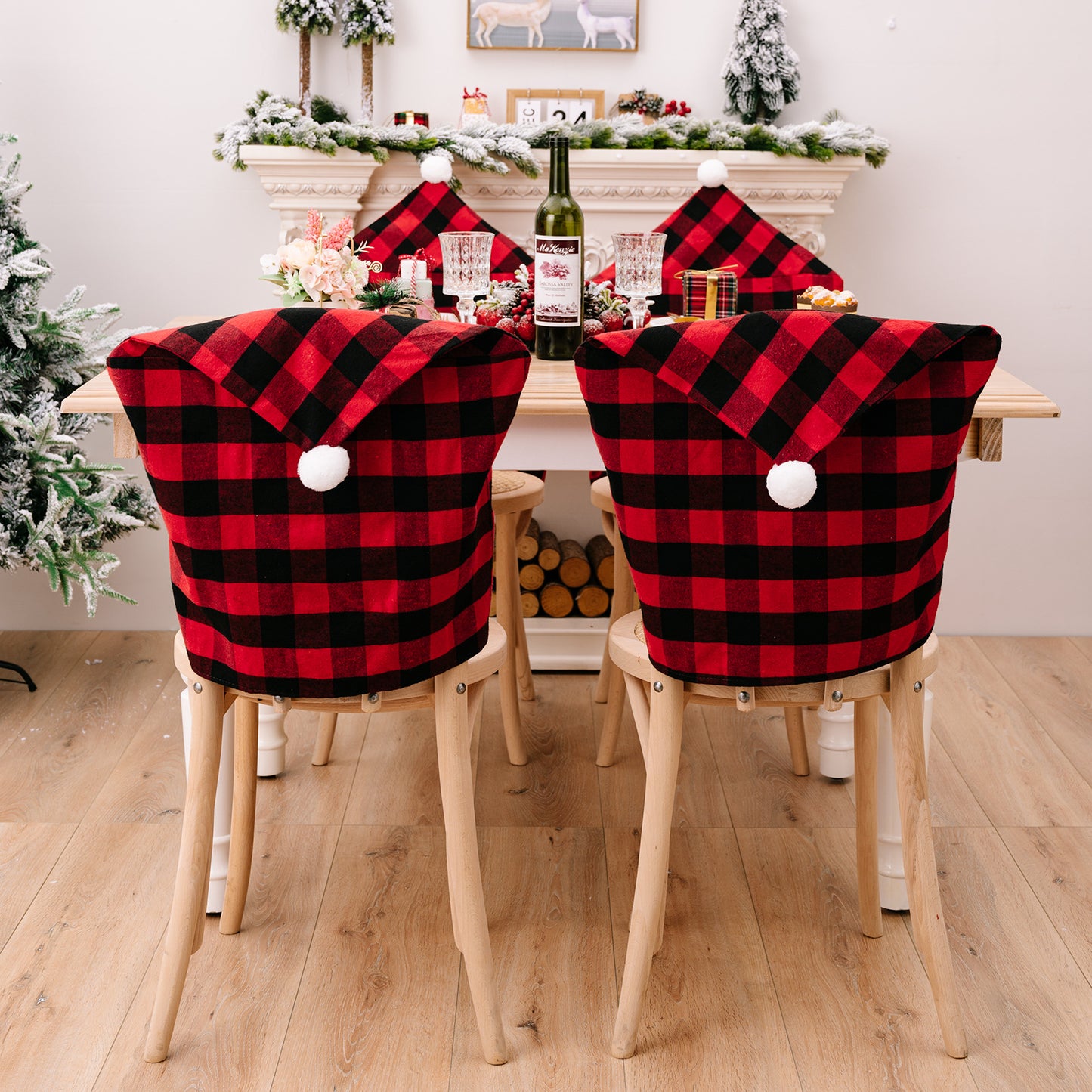 Christmas Season New Home Decoration Red and Black Plaid with White Hair Ball Chair Cover Christmas Atmosphere Arrangement Chair Cover