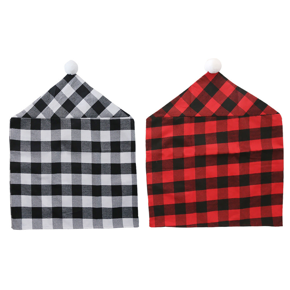 Christmas Season New Home Decoration Red and Black Plaid with White Hair Ball Chair Cover Christmas Atmosphere Arrangement Chair Cover