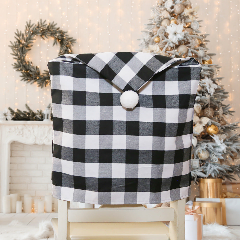 Christmas Season New Home Decoration Red and Black Plaid with White Hair Ball Chair Cover Christmas Atmosphere Arrangement Chair Cover