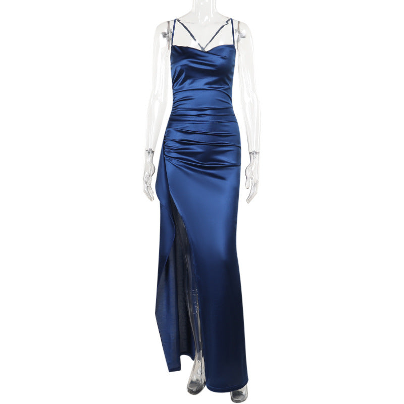 YL24531 Autumn 2024 New Style Celebrity Style Sexy Slim Fit Gathered Slit Satin Dress Long Skirt