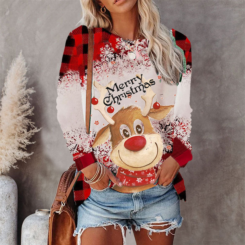 2022 winter cross-border European and American women's clothing independent station eBay Amazon 8-color round neck Christmas T-shirt printed long-sleeved top
