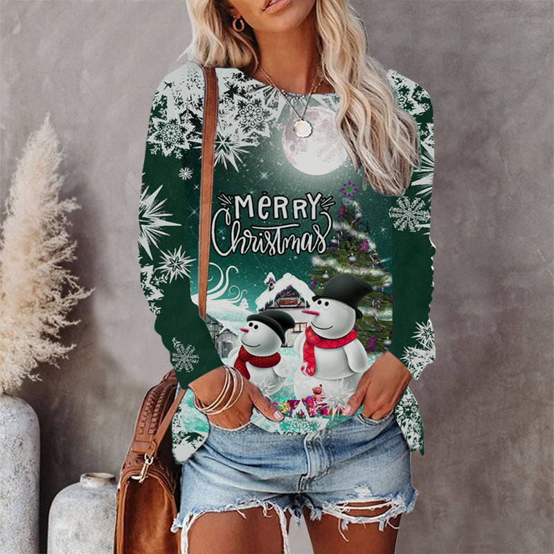 2022 winter cross-border European and American women's clothing independent station eBay Amazon 8-color round neck Christmas T-shirt printed long-sleeved top