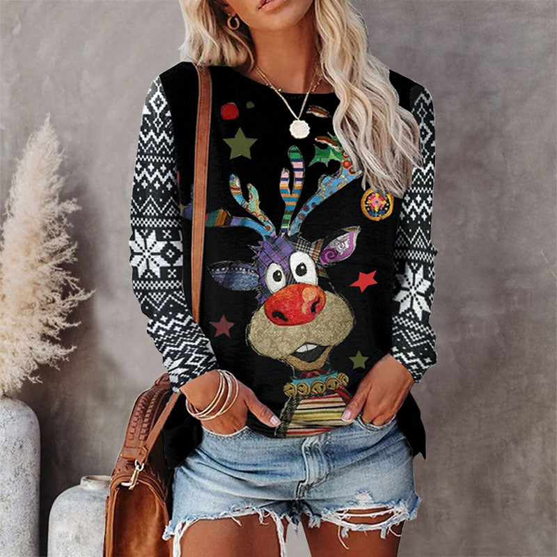 2022 winter cross-border European and American women's clothing independent station eBay Amazon 8-color round neck Christmas T-shirt printed long-sleeved top