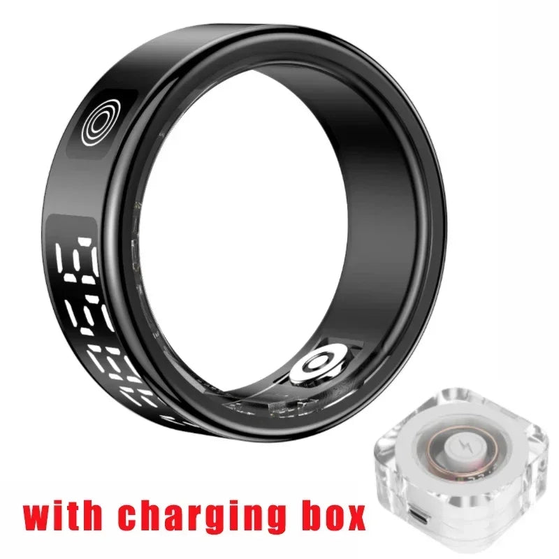 Smart Ring with Charging Box for Men Women-Step Health Tracker Heart Rate Blood Oxygen Monitor 5ATM Sleep Monitoring LCD Display