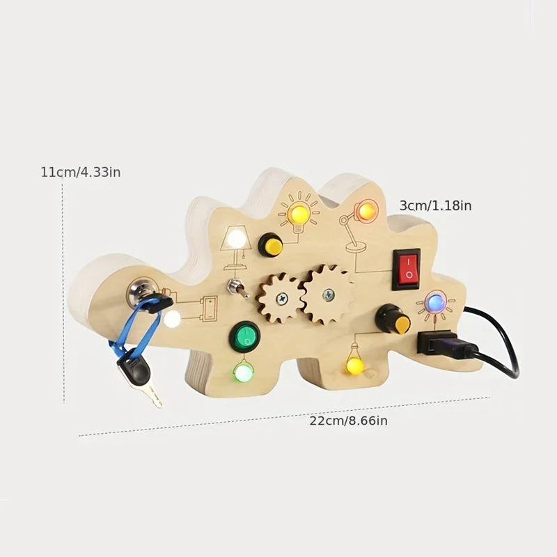 Kids Wooden Dinosaur Activity Circuit Board Busy Light Gear Key Switch Montessori Early Education Learning Sensory Toys children