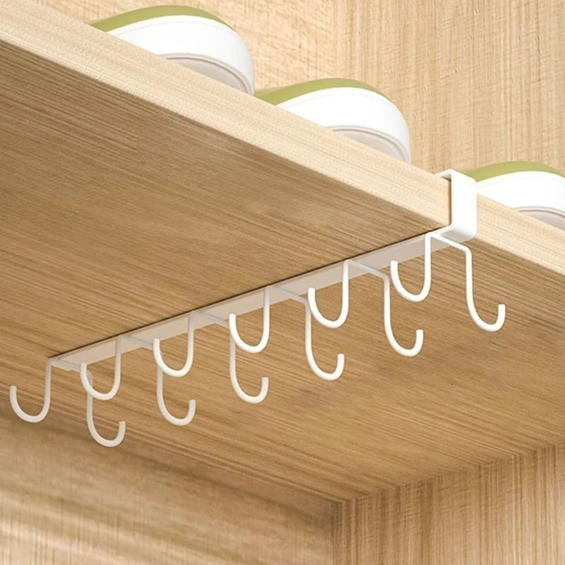 Multifunctional Double Row Storage Hook Wardrobe Cabinet Metal Shelves Punch-Free Hanging Cup Holder Kitchen Organization Tool