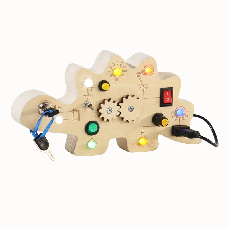 Kids Wooden Dinosaur Activity Circuit Board Busy Light Gear Key Switch Montessori Early Education Learning Sensory Toys children