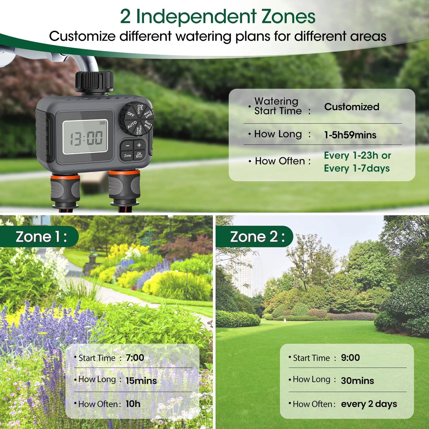 Insoma Smart Irrigation Watering System Dual Outlets Automatic Water Timer Sprinkle Faucet Hose Programmer for Garden Outdoor