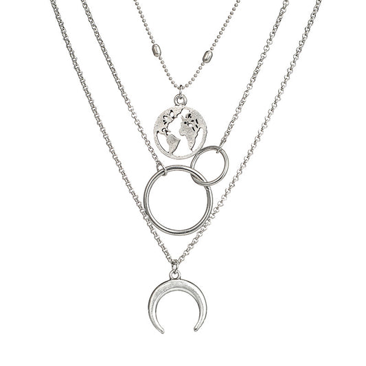 Fashion Geometric Size Circle Water Drop Horn Horn Moon Hollow Out World Map Long Three-layer Necklace Clavicle Chain