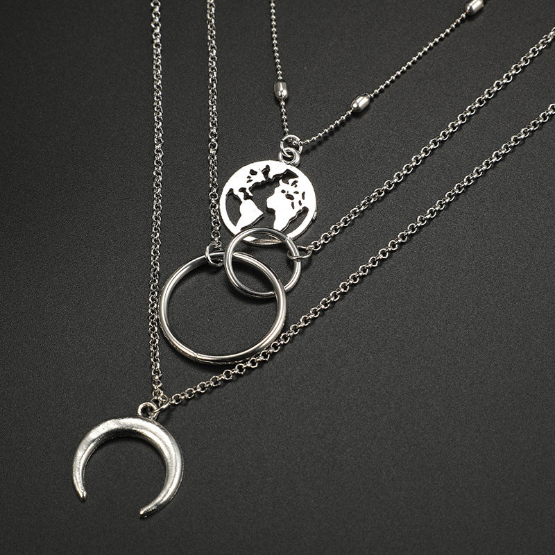 Fashion Geometric Size Circle Water Drop Horn Horn Moon Hollow Out World Map Long Three-layer Necklace Clavicle Chain