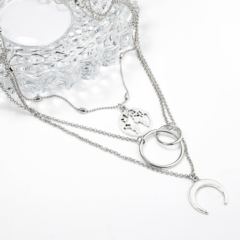 Fashion Geometric Size Circle Water Drop Horn Horn Moon Hollow Out World Map Long Three-layer Necklace Clavicle Chain