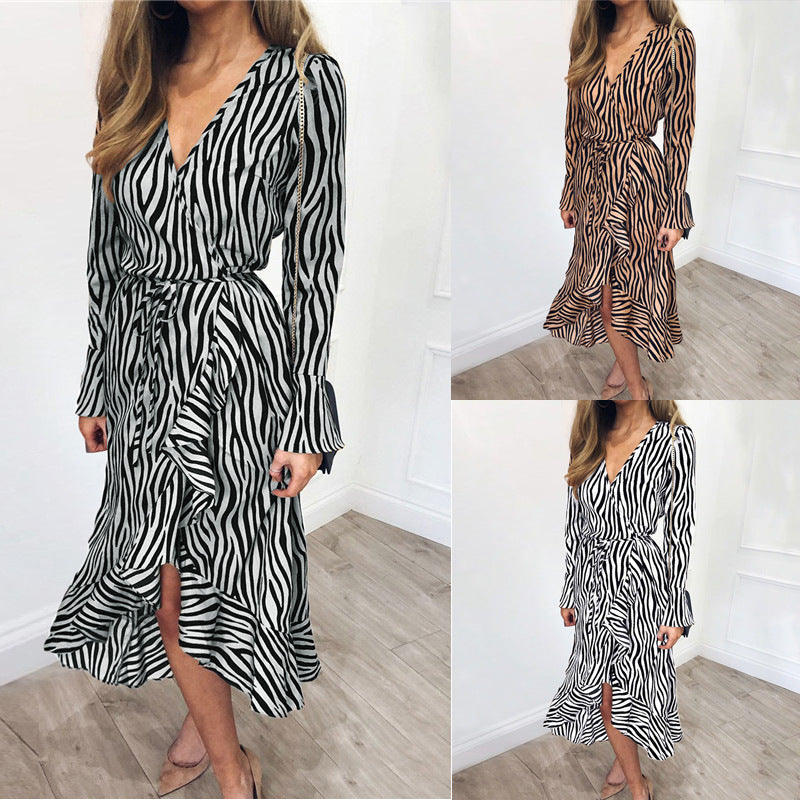Europe and the United States spring and summer sexy V-neck chiffon print long-sleeved high waist ladies dress