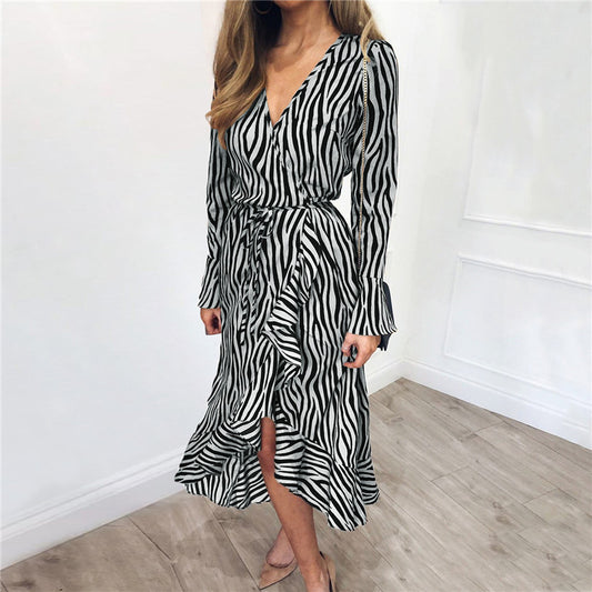 Europe and the United States spring and summer sexy V-neck chiffon print long-sleeved high waist ladies dress