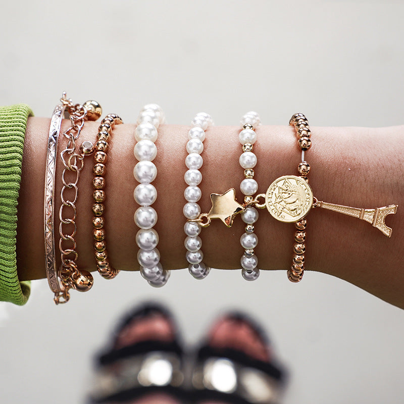 Korean version of the multi-element Eiffel Tower pearl vintage bracelet, six-piece coin set jewelry, multi-layer elastic bracelet