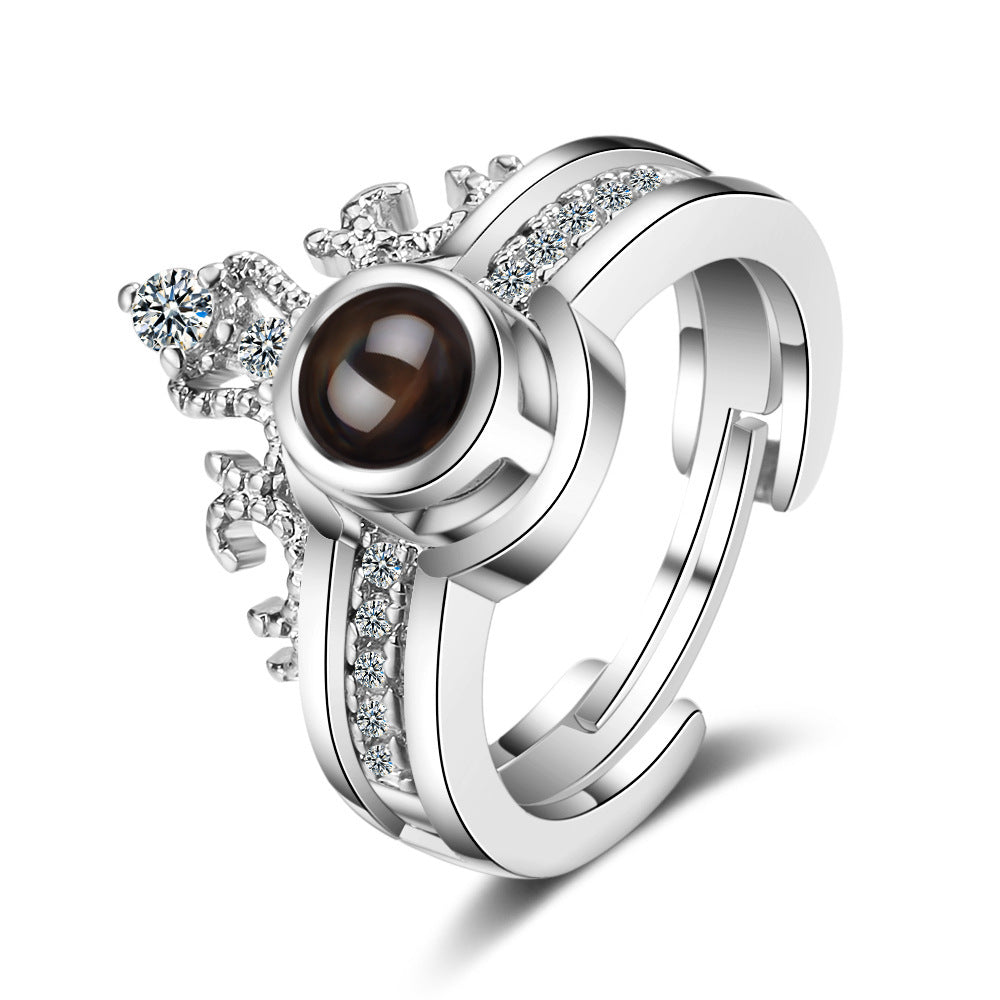 Crown two-in-one couple ring female opening net red vibrato 100 languages I love you projection ring
