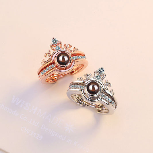 Crown two-in-one couple ring female opening net red vibrato 100 languages I love you projection ring