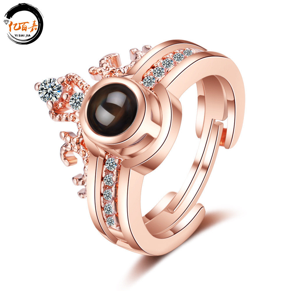 Crown two-in-one couple ring female opening net red vibrato 100 languages I love you projection ring