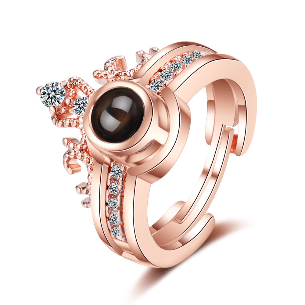 Crown two-in-one couple ring female opening net red vibrato 100 languages I love you projection ring
