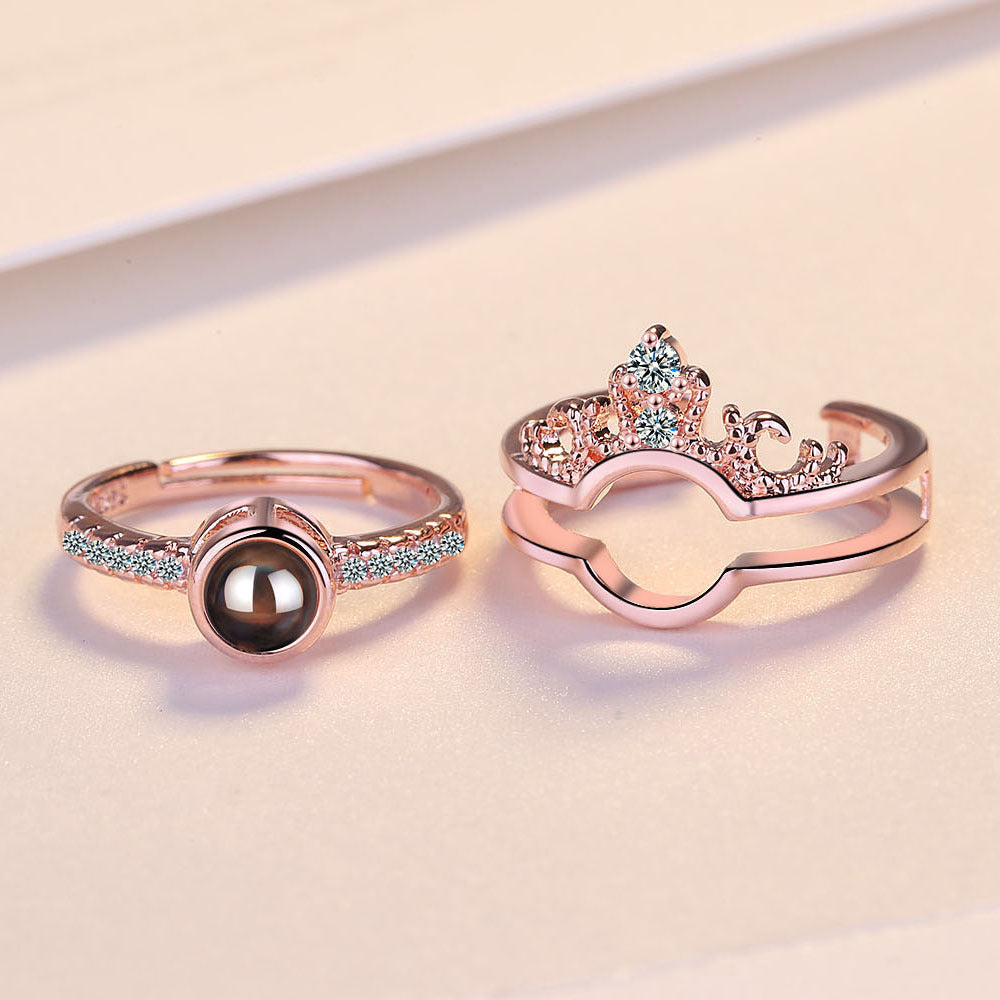 Crown two-in-one couple ring female opening net red vibrato 100 languages I love you projection ring
