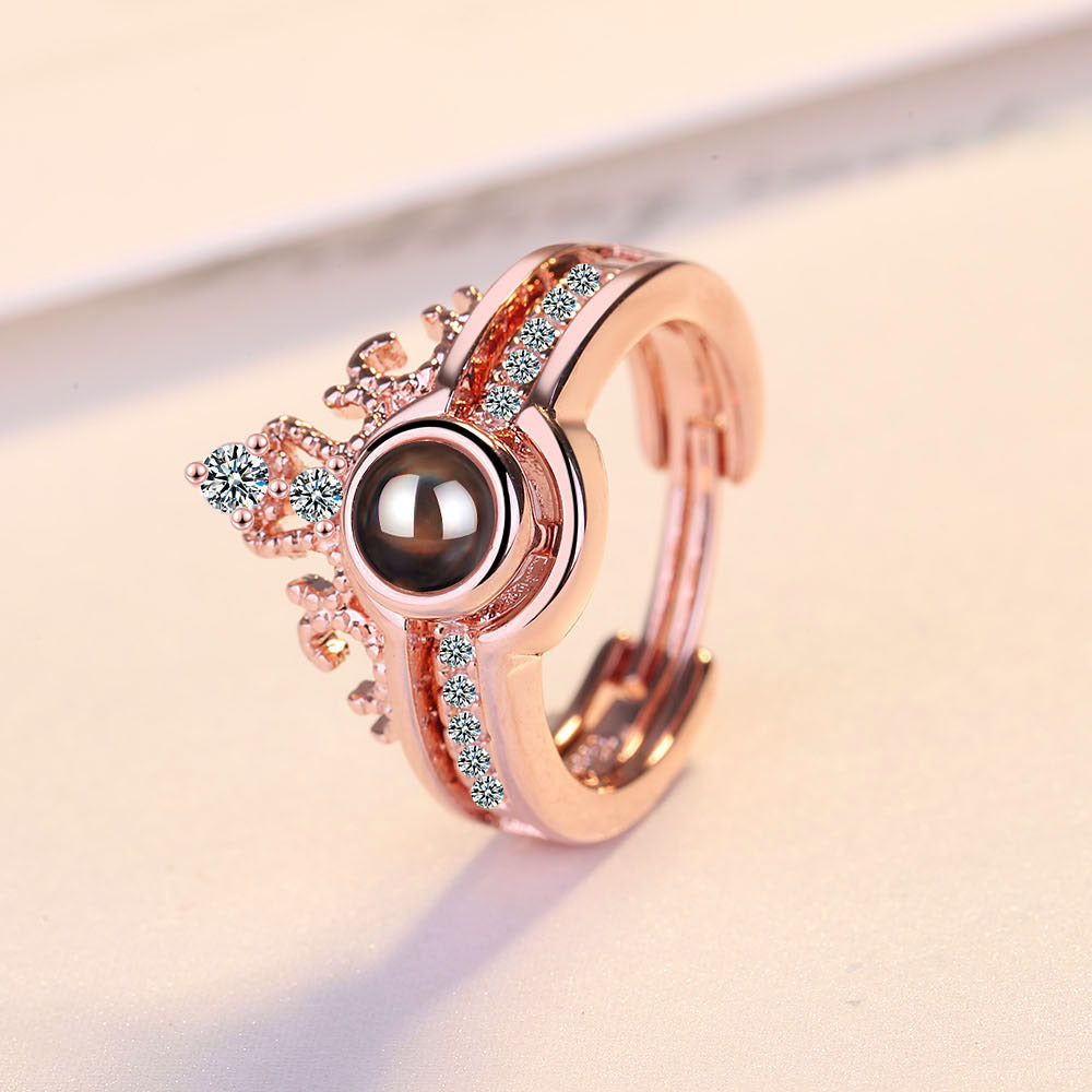 Crown two-in-one couple ring female opening net red vibrato 100 languages I love you projection ring
