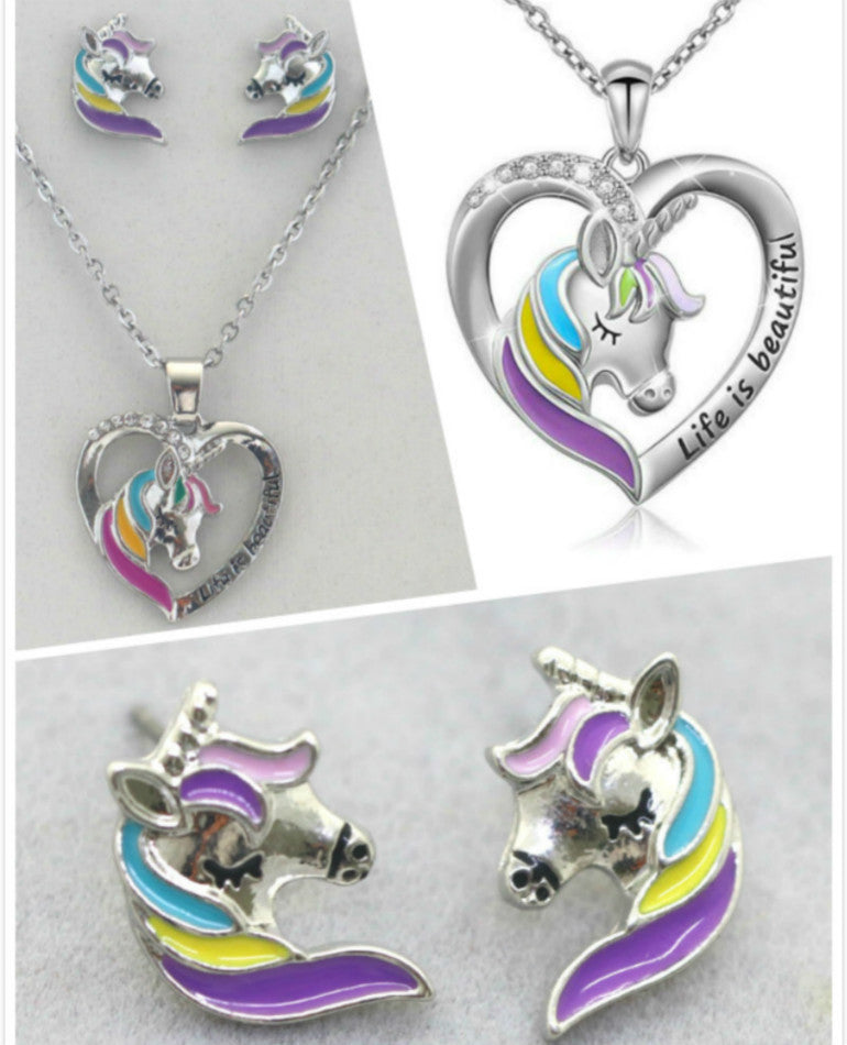 Europe and the United States hot Amazon oil pony necklace earrings set Unicorn earrings pendant necklace set women