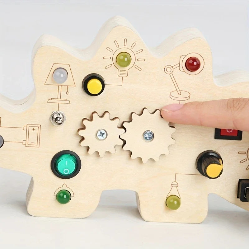 Kids Wooden Dinosaur Activity Circuit Board Busy Light Gear Key Switch Montessori Early Education Learning Sensory Toys children